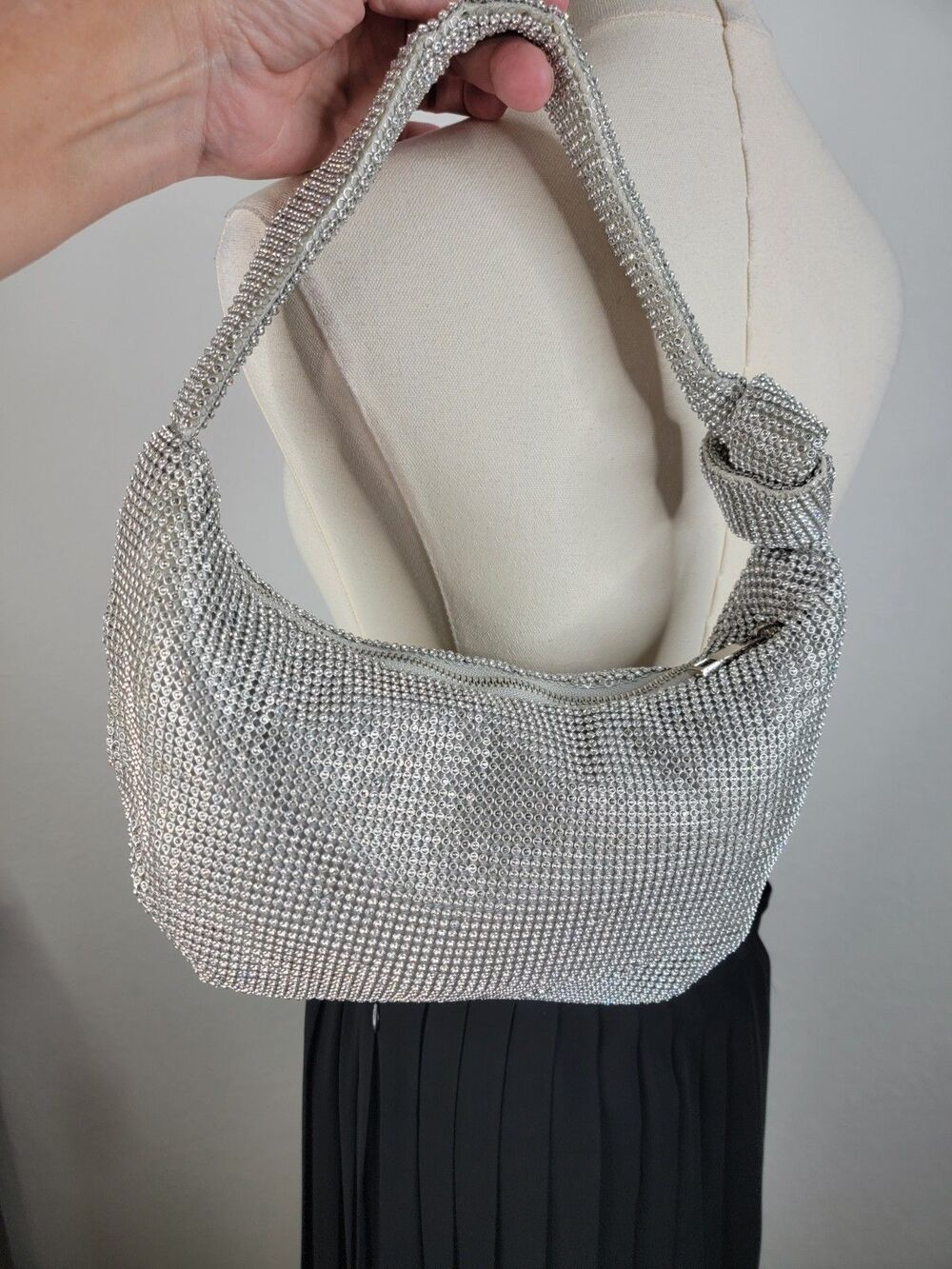 Olga Berg - Jessica Soft Crystal Mesh Croissant Bag Silver - Picture 12 of 17